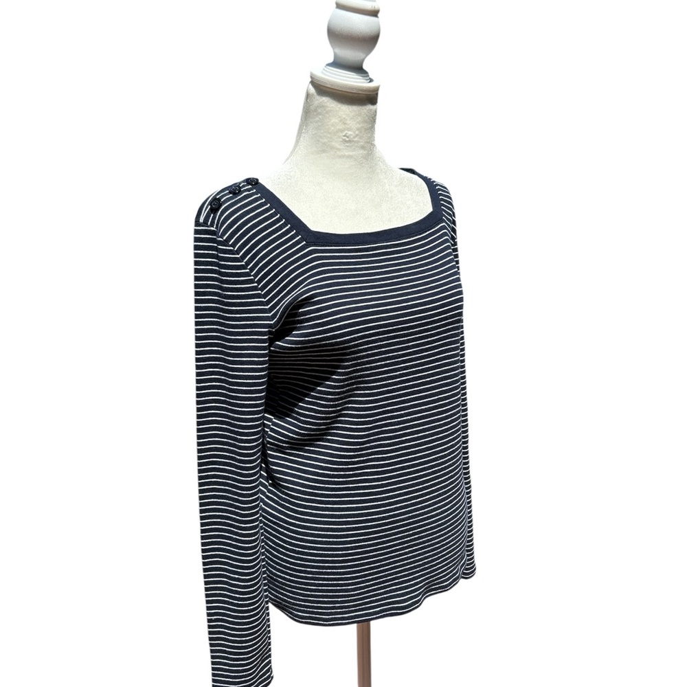 Jones New York T-shirt Striped Long Sleeve Square Neck Navy White Large